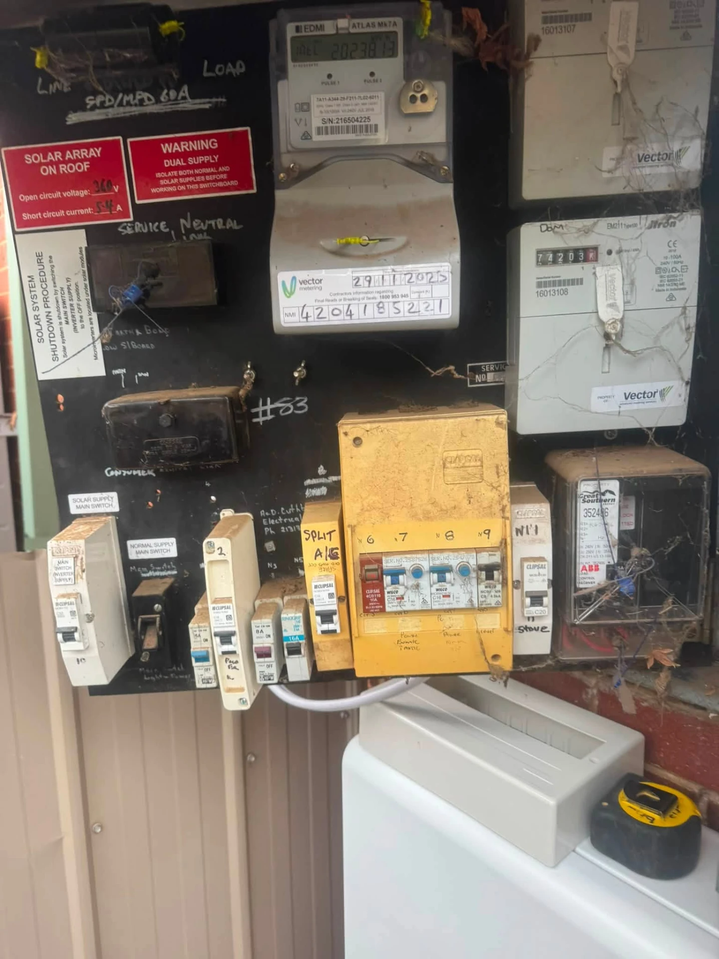 Ageing meter box with old ceramic fuses and mixed circuit breakers due for a switchboard upgrade in Wagga Wagga